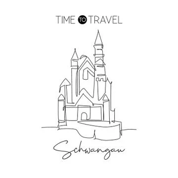 One continuous line drawing Neuschwanstein Castle landmark. Bavarian palace Ilustración de archivo