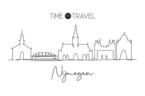 One continuous line drawing of Nijmegen city skyline, Netherlands Stock Illustration