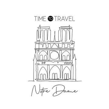 One continuous line drawing Notre Dame landmark. World iconic place in Paris 스톡 일러스트