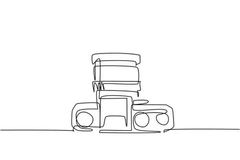 One continuous line drawing of old retro vintage analog slr camera with lens Illustrazione stock