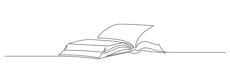 One continuous line drawing of Opened book. Education in school and library Stock Illustration
