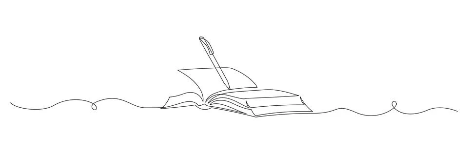 One continuous line drawing of Opened book with pen. Education in school and Stock Illustration