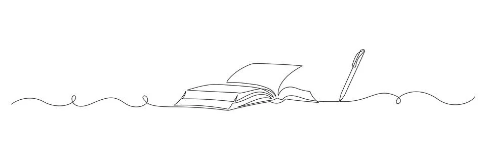 One continuous line drawing of Opened book with pen. Education in school and Stock Illustration