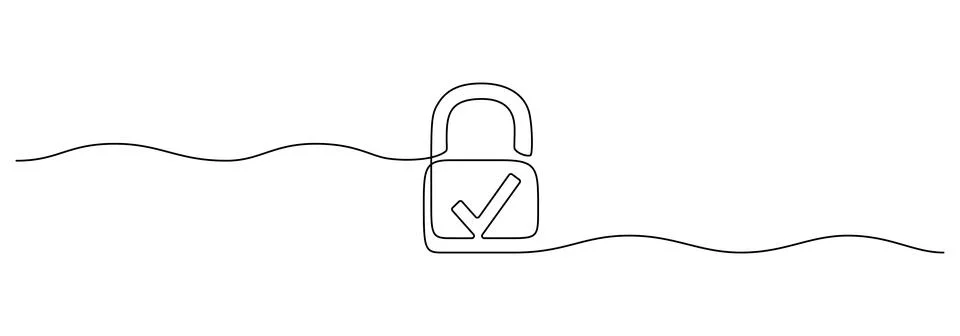 One continuous line drawing of padlock with check mark. Outline symbol password Stock Illustration