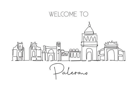 One continuous line drawing Palermo city skyline, Italy. Beautiful skyscraper Stock-Illustration