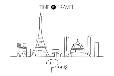 One continuous line drawing Paris city skyline, France. Beautiful skyscraper Stock Illustration