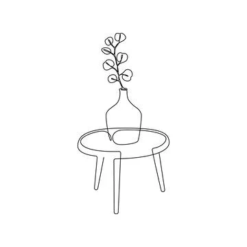 One continuous line drawing of plant eucalyptus in vase on the table. Linear Stock Illustration