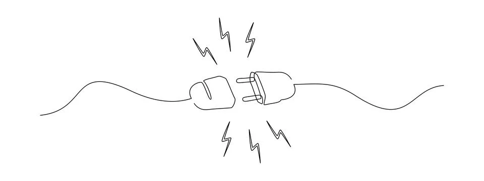 One continuous line drawing of plug inserting into electric outlet. Power socket Stock Illustration