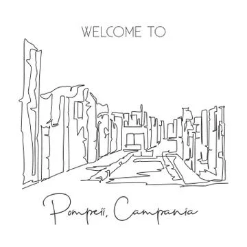 One continuous line drawing Pompeii classical Roman city landmark Stock Illustration