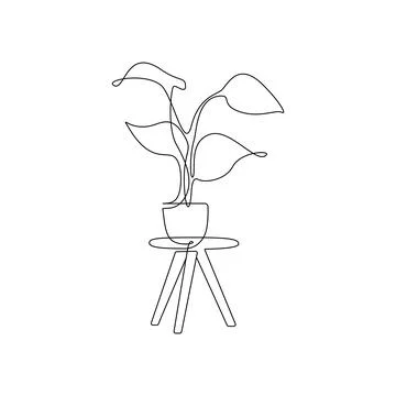 One continuous line drawing of potted flower on the table. Linear contour Stock Illustration