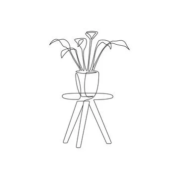 One continuous line drawing of potted flower on the table. Linear thin Stock Illustration