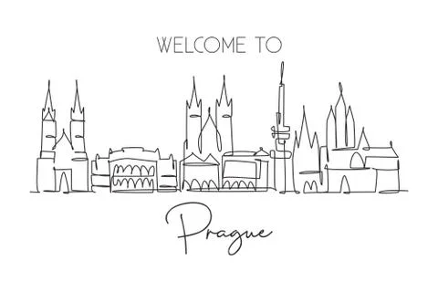 One continuous line drawing of Prague city skyline, Czech Republic Illustrazione stock