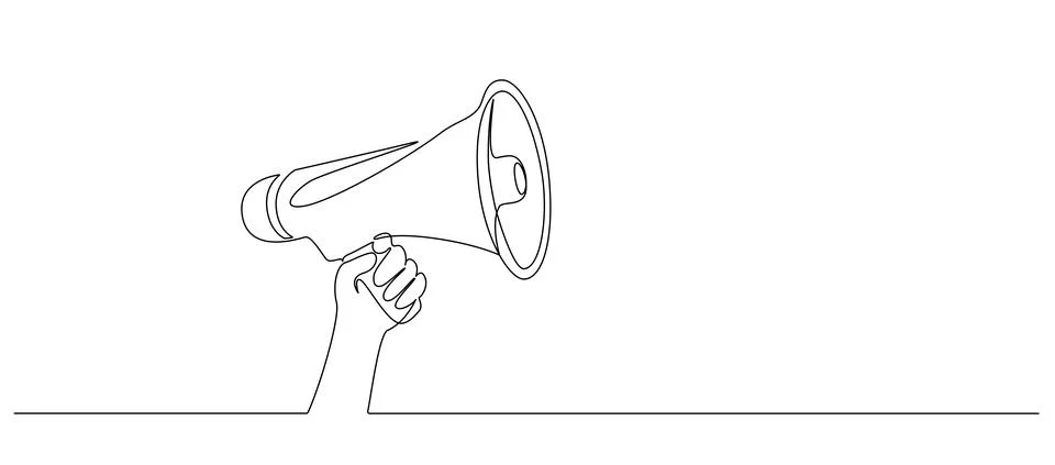 One continuous line drawing of public horn speaker. Megaphone symbol of Stock Illustration