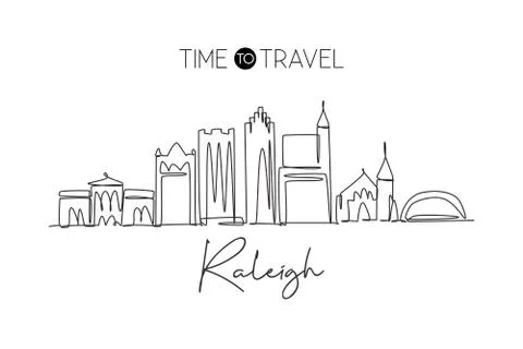 One continuous line drawing of Raleigh city skyline, USA. Beautiful landmark 스톡 일러스트