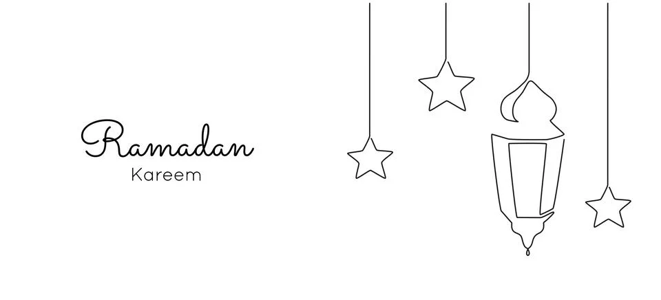 One continuous line drawing of Ramadan kareem. Islamic decoration with lanter Stock Illustration