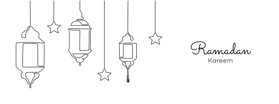 One continuous line drawing of Ramadan kareem. Islamic decoration with lanter Stock Illustration