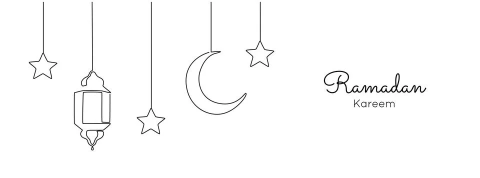 One continuous line drawing of Ramadan kareem. Islamic decoration with lantern Stock Illustration