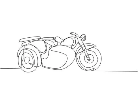 One continuous line drawing of retro old vintage motorcycle with sidecar Stock Illustration