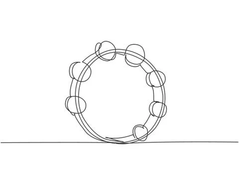 One continuous line drawing of round circle tambourine. Dynamic percussion Stock Illustration