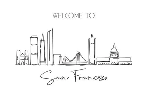 One continuous line drawing San Francisco city skyline, United States Stock Illustration