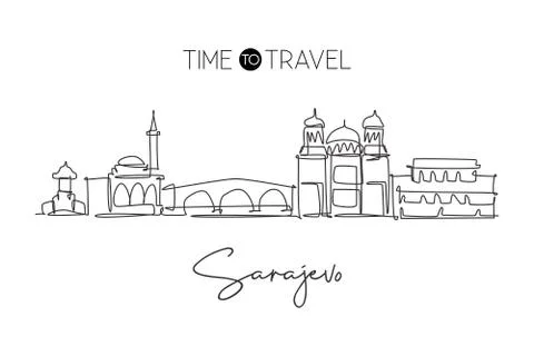 One continuous line drawing of Sarajevo city skyline, Bosnia and Herzegovina Illustrazione stock