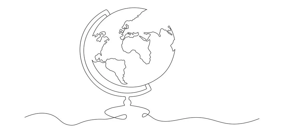 One continuous line drawing of school globe.World map doodle line drawing. .. Stock Illustration