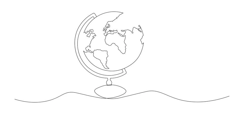 One continuous line drawing of school globe.World map doodle line drawing. .. Stock Illustration