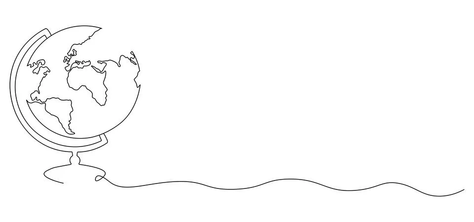 One continuous line drawing of school globe.World map doodle line drawing. .. Stock Illustration
