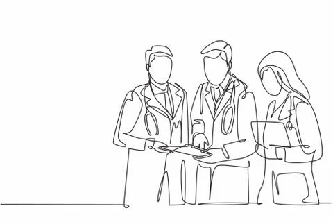 One continuous line drawing senior doctor giving mentoring to young doctors Illustrazione stock
