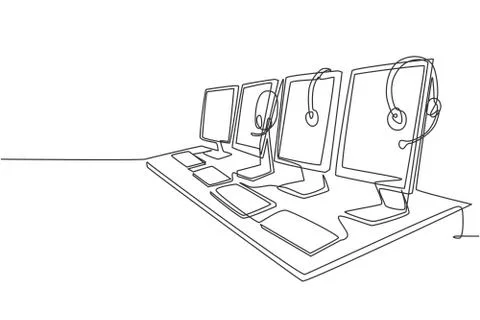 One continuous line drawing of set of customer service equipment and computer Stock Illustration