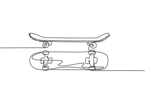 One continuous line drawing of set of old retro skateboard, side and top view Illustrazione stock