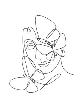 One continuous line drawing sexy woman abstract face with butterfly wings Illustrazione stock