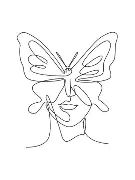 One continuous line drawing sexy woman abstract face with butterfly wings Stock Illustration