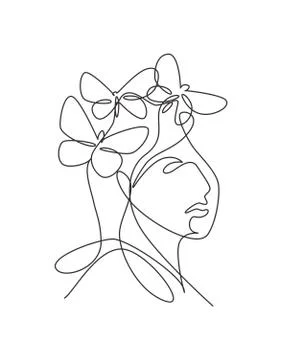 One continuous line drawing sexy woman abstract face with butterfly wings Illustration