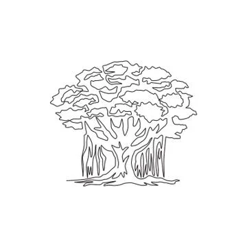 One continuous line drawing shady and leafy banyan tree for wall decor home Stock Illustration
