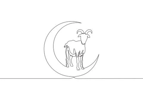 One continuous line drawing of sheep standing on moon. Muslim holiday Illustrazione stock