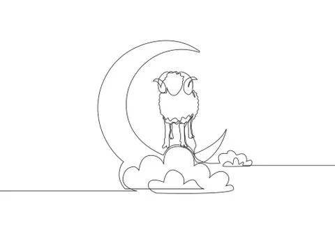 One continuous line drawing of sheep standing on moon at cloudy sky Stock Illustration