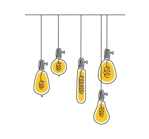 One continuous line drawing of shining lightbulbs. Hanging pendant Electric Loft Stock Illustration