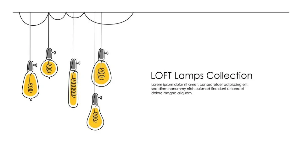 One continuous line drawing of shining lightbulbs. Hanging modern pendant Stock Illustration