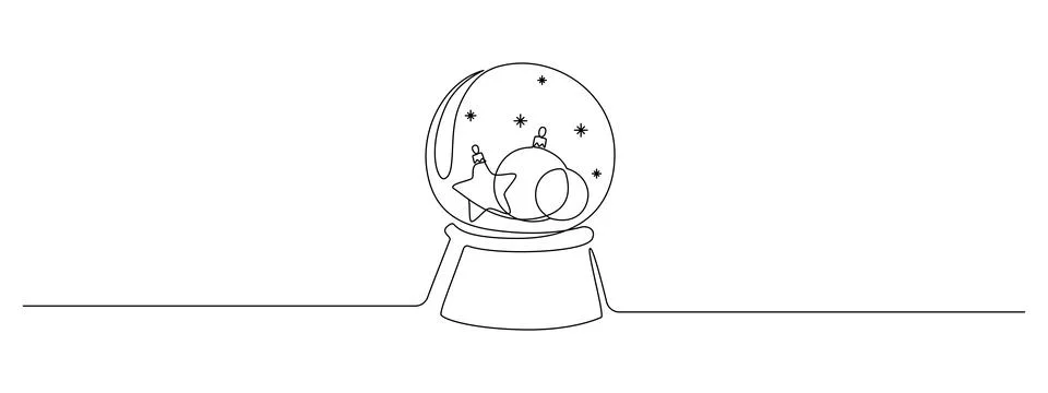 One continuous line drawing of snow globe with Christmas tree balls and toys Stock Illustration