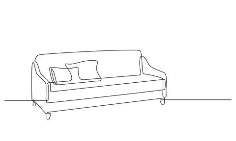 One continuous line drawing of sofa. Cozy Couch with two pillows. Home furniture Stock Illustration