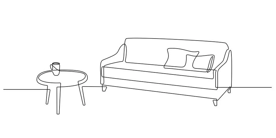 One continuous line drawing of sofa with table and cup. Home modern furniture of Stock Illustration