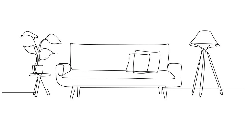 One continuous line drawing of sofa with lamp and potted deciduous plant. Home Stock Illustration