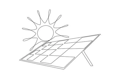 One continuous line drawing of Solar panel with sun. Green clean energy and Stock Illustration