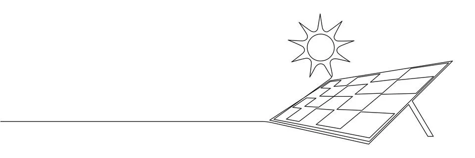 One continuous line drawing of Solar panel with sun. Green clean energy and r Stock Illustration