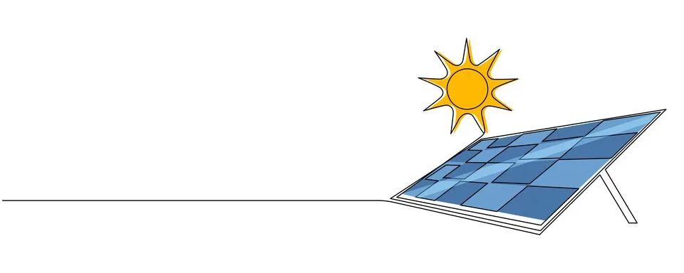 One continuous line drawing of Solar panel with sun. Green clean energy Stock Illustration