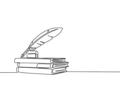 One continuous line drawing of stack of books ink and quill pen on the office 스톡 일러스트