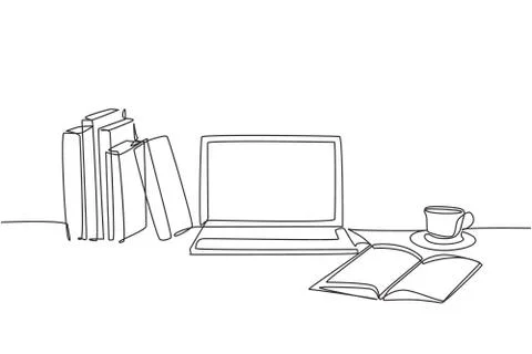 One continuous line drawing of stack of books line up with computer laptop Illustrazione stock
