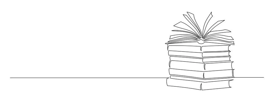One continuous line drawing of stack books and opened notebook with pages Stock Illustration