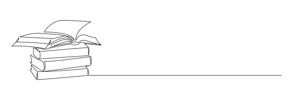 One continuous line drawing of stack books and opened notebook with pages Illustrazione stock